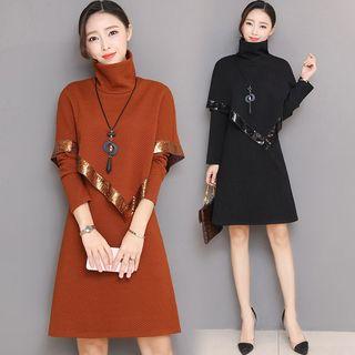 Set : Turtleneck Short-sleeve Knit Top + Long-sleeve Dress