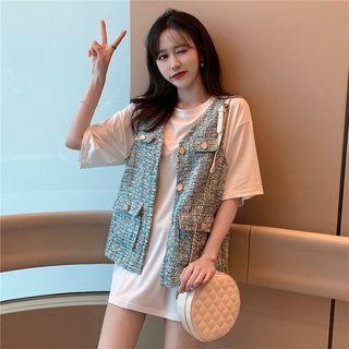 Plain Short-sleeve Tunic T-shirt / Tweed Vest
