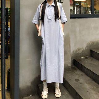 Plain Loose-fit Polo Dress Blue - One Size