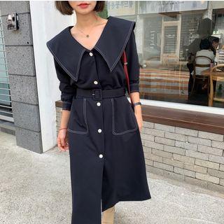 Collared Long-sleeve Midi Dress Navy Blue - One Size