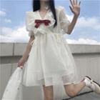 Ruffle Trim Bow Mini A-line Dress With Black Bow - White - One Size