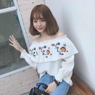 Embroidered Off-shoulder Loose-fit Long-sleeve Blouse