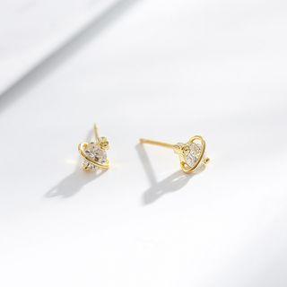 925 Sterling Silver Rhinestone Planet Earring Stud Earring - Planet - Gold - One Size