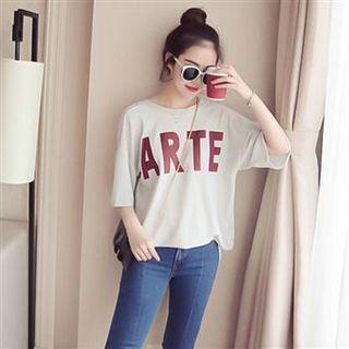 Elbow-sleeve Lettering Cutout Back T-shirt