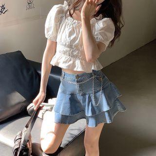 Puff-sleeve Cropped Blouse / Denim Layered Mini A-line Skirt