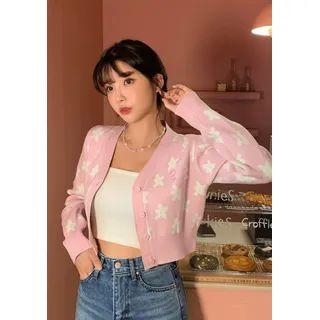 [barbie Flower] V-neck Crop Cardigan Pink - One Size