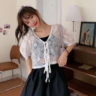 Balloon-sleeve Tie-front Lace Jacket