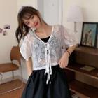 Balloon-sleeve Tie-front Lace Jacket