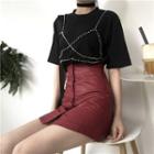 Beaded Short-sleeve T-shirt / Faux-leather A-line Skirt