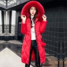 Furry-trim Contrast-trim Zip Hooded Padded Coat