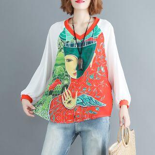 Long-sleeve Printed Chiffon T-shirt Red - One Size
