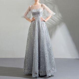 Flutter-sleeve Sequined A-line Evening Gown