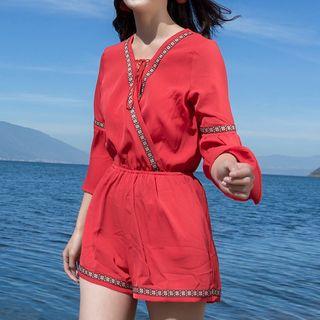 Embroidered Trim Elbow-sleeve Playsuit
