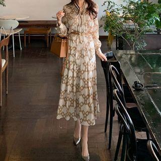 Balloon-sleeve Chain Print Midi A-line Dress