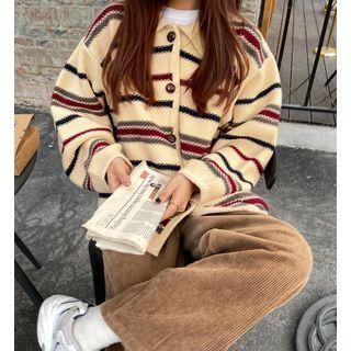Long-sleeve Striped Knit Cardigan Almond - Stripe - One Size