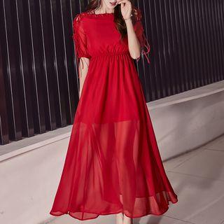 Lace-up Short-sleeve A-line Maxi Chiffon Dress