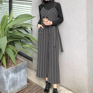 Mock Neck Long-sleeve Top / Pinstriped Strappy Jumpsuit