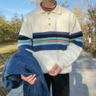 Long-sleeve Striped Knitted Polo Shirt