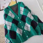V-neck Lattice Knit Cardigan Green - One Size