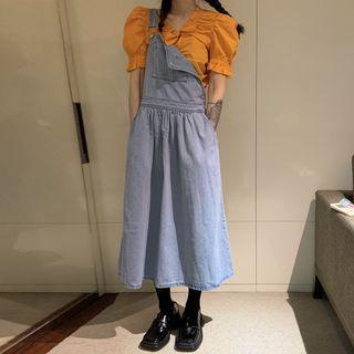 Short-sleeve Bow Accent Blouse / Denim Midi Overall Dress