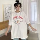 Elbow-sleeve Lucky Cat Print T-shirt