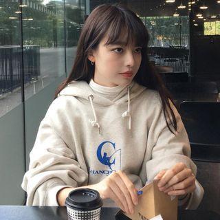 Graphic Print Drawstring Hoodie Fleece Lining - Light Gray - One Size