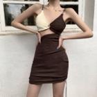 Spaghetti-strap Cut-out Knit Mini Sheath Dress