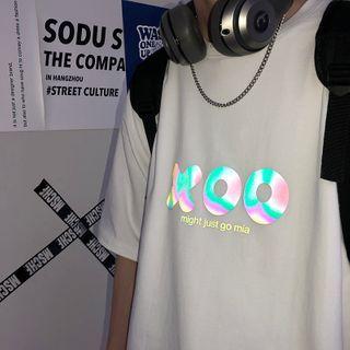 Elbow-sleeve Holographic Letter Print T-shirt