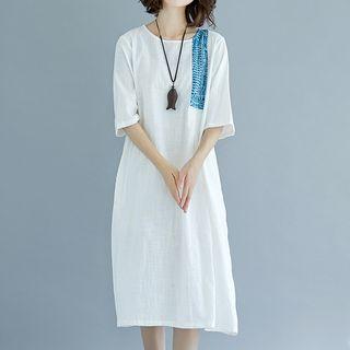 Crew-neck Elbow-sleeve Midi T-shirt Dress White - One Size
