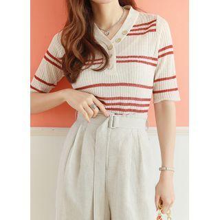 Buttoned Stripe Rib-knit Henley