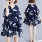 Cold Shoulder Crane Print Elbow-sleeve Blouse