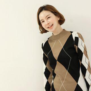 Mock-neck Argyle Knit Long Dress Beige - One Size