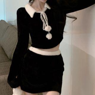Set: Contrast Trim Pom Pom Cropped Blouse + Mini Pencil Skirt Set Of 2 - Blouse & Skirt - Black - One Size