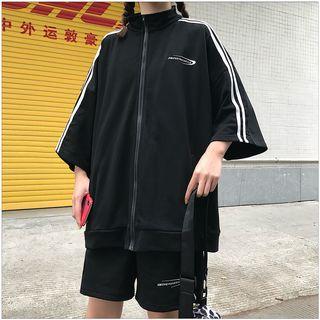 Set : Striped Elbow Sleeve Zipper Top + Striped Shorts