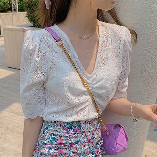 Short-sleeve Shirred V-neck Lace Top