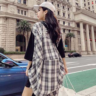 Plaid Panel Lettering 3/4-sleeve T-shirt