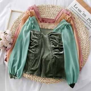 Chiffon-panel Velvet Blouse