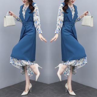 Long-sleeve Floral Midi Dress / Notch Lapel Belt Vest Dress / Set