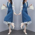 Long-sleeve Floral Midi Dress / Notch Lapel Belt Vest Dress / Set