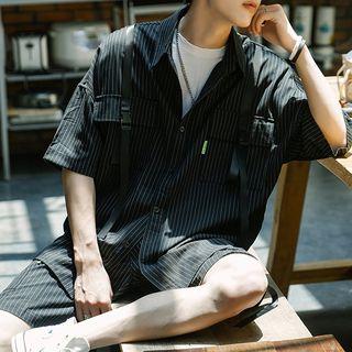 Strap-detail Short-sleeve Striped Shirt