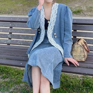 Lace Trim Denim Jacket / High Waist A-line Denim Skirt