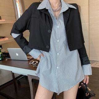 Set: Long Sleeve Striped Shirt + Cutout Long Sleeve Cropped Blazer
