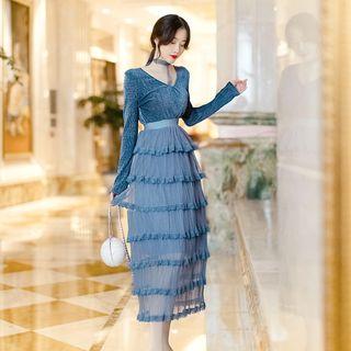 Long-sleeve A-line Mesh Panel Layered Mini Dress
