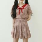 Plaid Sailor-collar Top & Mini Pleat Skirt Set Red - One Size