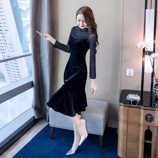 Long-sleeve Mesh Panel Midi A-line Velvet Dress