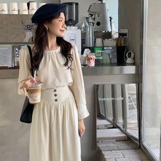 Set: Long-sleeve Plain Top + High-waist Plain Skirt Almond - One Size