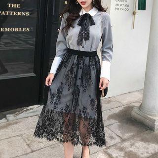 Set: Striped Long Shirt + Midi A-line Lace Skirt