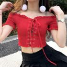 Short-sleeve Off-shoulder Smocked Lace-up Cropped Blouse