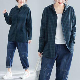 Long-sleeve Plaid Hooded Shirt Plaid - Green - One Size