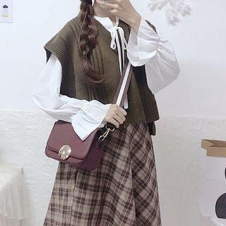Flared-cuff Blouse / V-neck Knit Vest / Plaid Midi A-line Skirt / Set
